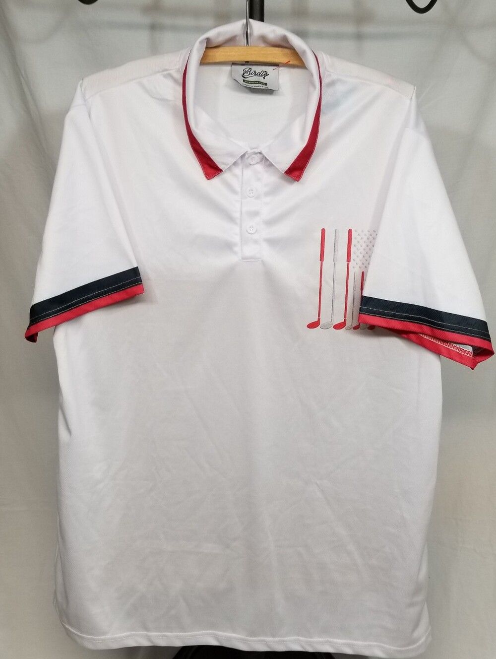 Birdie Mens White Size XL Golf Polo Red Blue Accents & Club & Star Flag Design